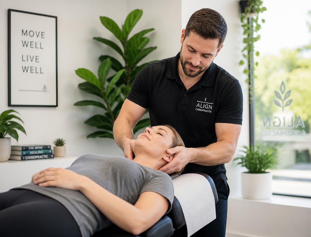 Chiropractor performing a gentle adjustment on a patient in a bright clinic