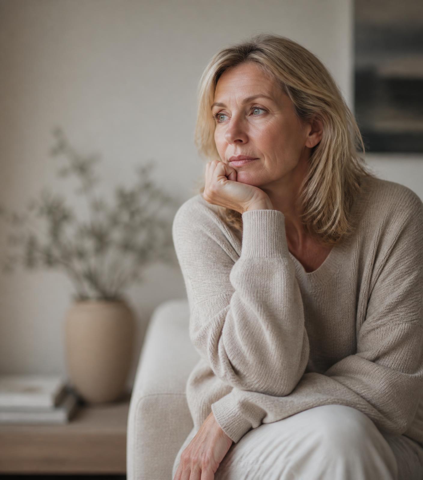 A woman sitting quietly at home, thinking about how she has been feeling