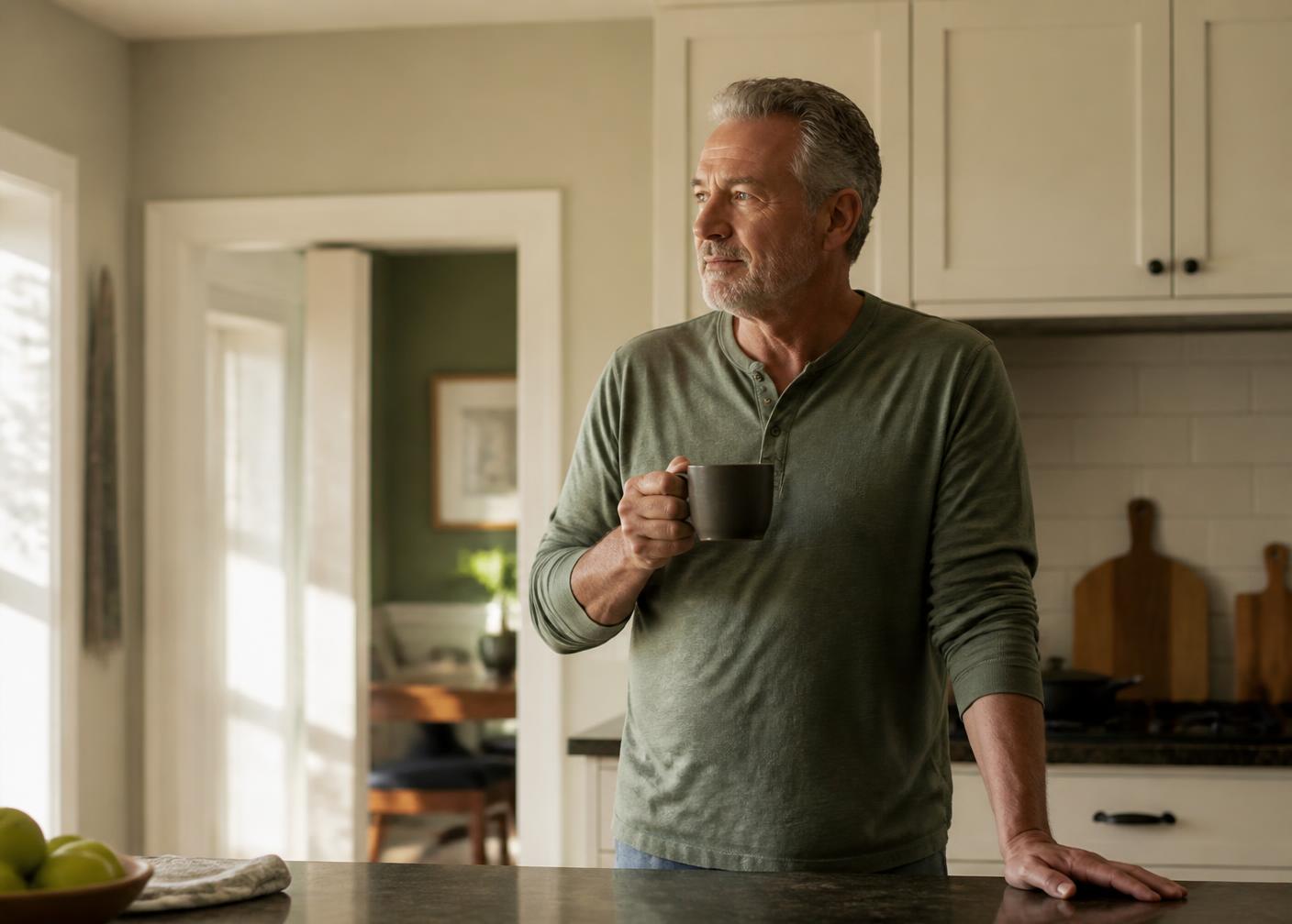 A man standing quietly in his kitchen in the morning light